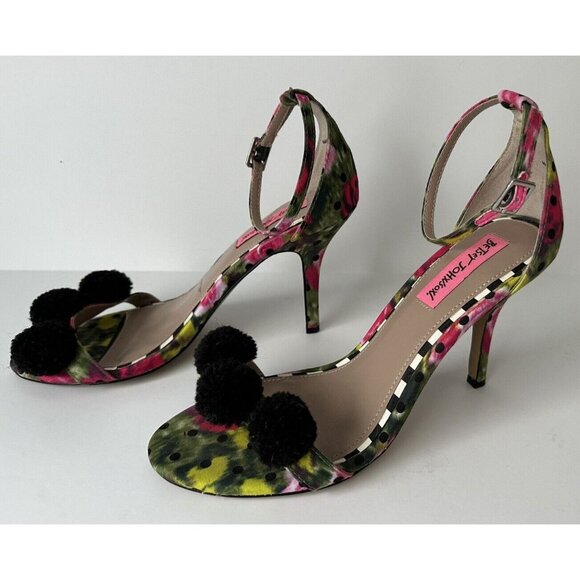 Betsey Johnson Lylly Puff Ankle Strap Sandals Size 7.5 Pom Pom Stiletto Heels - Picture 2 of 8